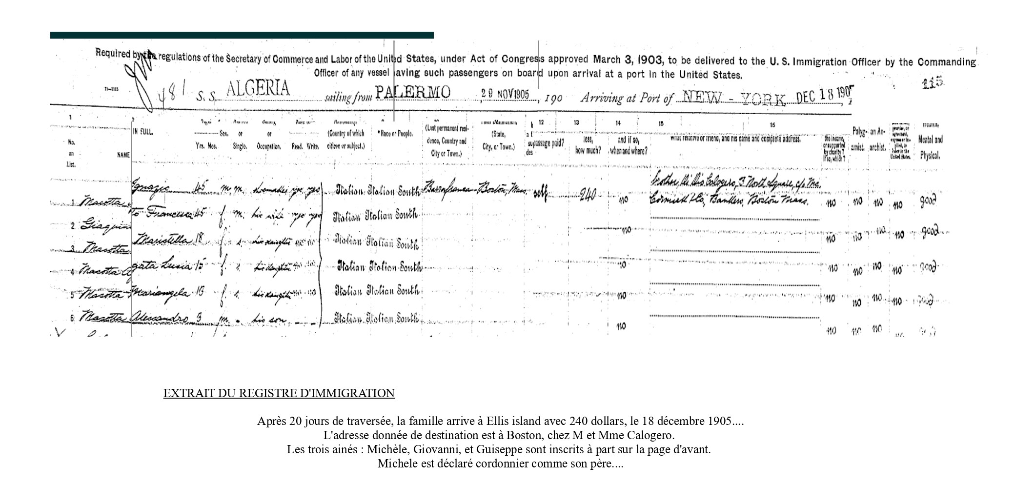 la page de registre du Navire..Masotta Ellis Island 1905
